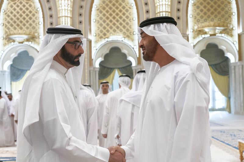 ABU DHABI, UNITED ARAB EMIRATES - May 08, 2019: HH Sheikh Mohamed bin Zayed Al Nahyan, Crown Prince of Abu Dhabi and Deputy Supreme Commander of the UAE Armed Forces (R), greets HE Mohamed Ahmad Al Bowardi, UAE Minister of State for Defence Affairs (L), during an iftar reception at Qasr Al Watan.

( Rashed Al Mansoori / Ministry of Presidential Affairs )
---