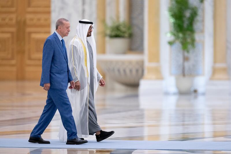 President Sheikh Mohamed and Mr Erdogan at Qasr Al Watan. Photo: UAE Presidential Court