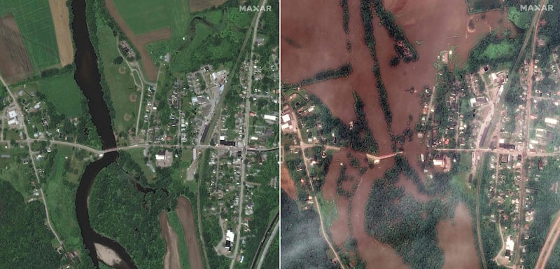 The Winooski River in Vermont before and after major flooding inundated the state. AFP