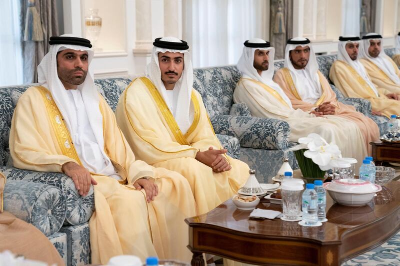 ABU DHABI, UNITED ARAB EMIRATES - June 04, 2019: (L-R) HH Sheikh Hilal bin Diab Al Nahyan, HH Sheikh Mohamed bin Sultan bin Khalifa Al Nahyan, HH Sheikh Khaled bin Faisal Al Qasimi, HH Sheikh Ahmed bin Nasser bin Zayed Al Nahyan and other dignitaries, attend an Eid Al Fitr reception at Mushrif Palace. 

( Hamad Al Mansouri for the  Ministry of Presidential Affairs )
---