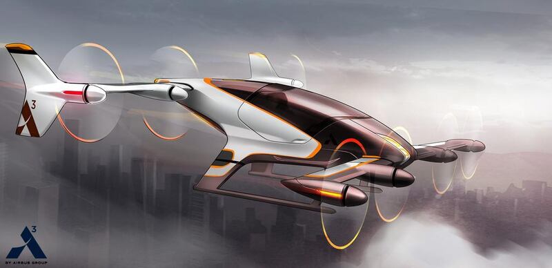This artist rendering shows the Airbus flying car Vahana. Nearly a dozen companies around the globe, some of them with deep pockets like Airbus, are working to develop personal aircraft that let people hop over crowded roadways. Courtesy Airbus