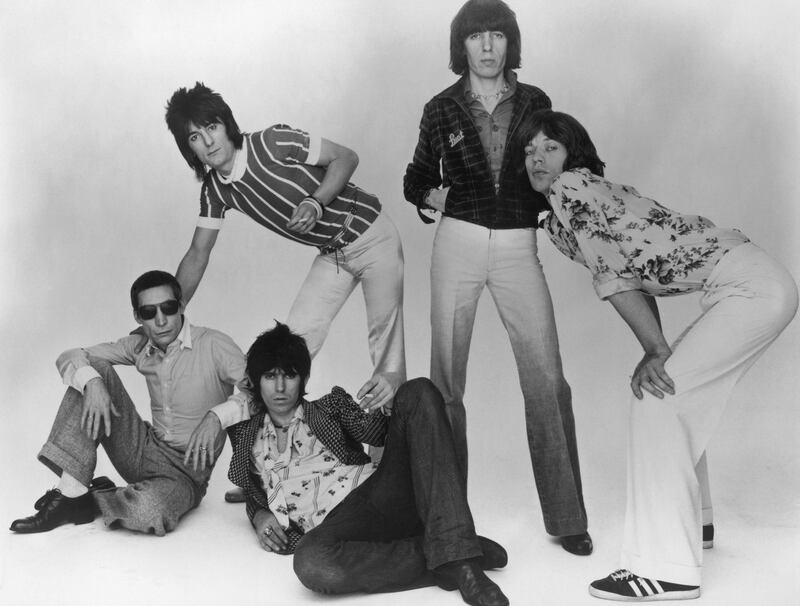 The Rolling Stones, 1977. Left to right: Charlie Watts, Ron Wood, Keith Richards, Bill Wyman and Mick Jagger. (Photo by Hulton Archive/Getty Images)  