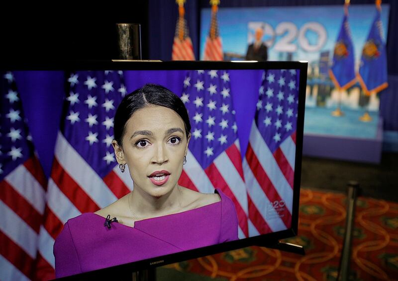 U.S. Rep. Alexandria Ocasio-Cortez (D-NY) addresses the second night of the virtual 2020 Democratic National Convention as she seconds the nomination of U.S. Senator Bernie Sanders via avideo feed as seen at the convention's hosting site in Milwaukee, Wisconsin, U.S. REUTERS