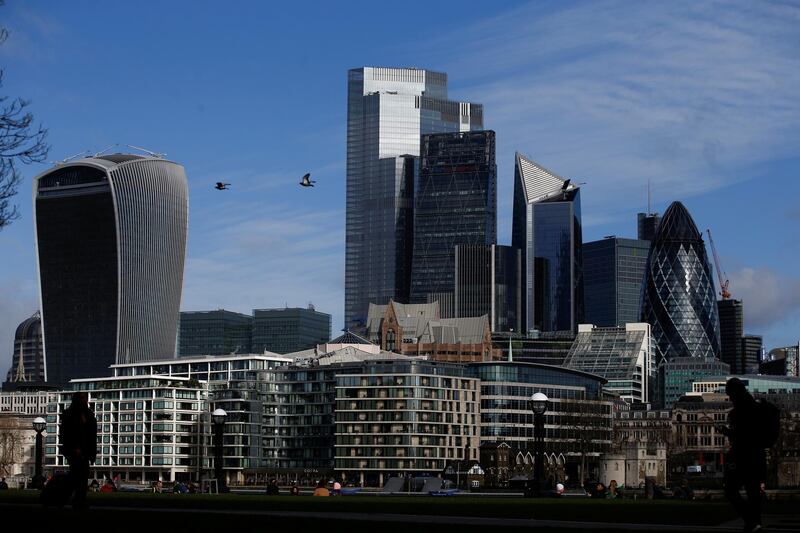 FILE PHOTO: The City of London financial district can be seen, whilst British stocks tumble as investors fear that the coronavirus outbreak could stall the global economy, in London, Britain, March 9 2020. REUTERS/Henry Nicholls/File Photo