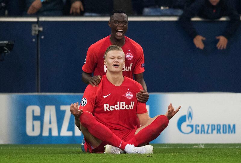 SALZBURG, AUSTRIA - OCTOBER 23: Erling Haland of FC Salzburg (front) celebrates with his teammate Patson Daka of FC Salzburg (back) after scoring on the goal for 1:1 during the champions league group E match between FC Salzburg and SSC Napoli at Salzburg Stadion on October 23, 2019 in Salzburg, Austria. (Photo by Andreas Schaad/Bongarts/Getty Images)