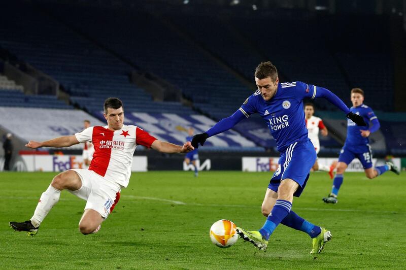 Leicester City's English striker Jamie Vardy (R) has this shot blocked during the UEFA Europa League Round of 32, 2nd leg football match between Leicester City and Slavia Prague at King Power Stadium in Leicester, central England on February 25, 2021.  / AFP / Adrian DENNIS
