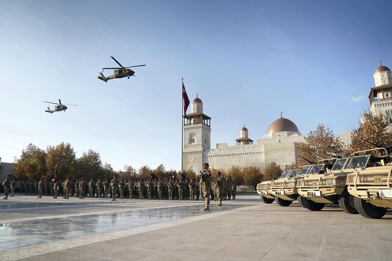 AMMAN, JORDAN - November 20, 2018: Members of the Jordanian Armed Forces participate in a ceremony held to rename the Rapid Intervention/ High Readiness Brigade as the HH Sheikh Mohamed bin Zayed's Rapid Intervention Brigade, at Al Husseiniya Palace.

( Essa Al Hammadi for the Ministry of Presidential Affairs )
---