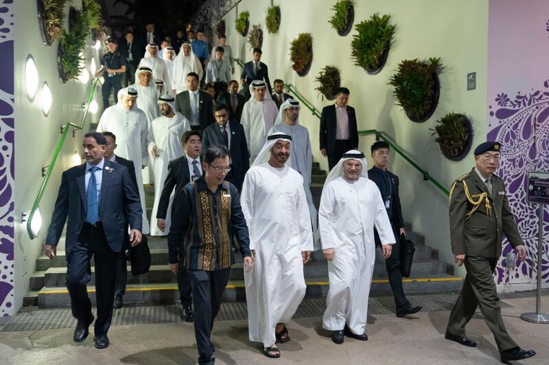 SINGAPORE, SINGAPORE - February 28, 2019: HH Sheikh Mohamed bin Zayed Al Nahyan, Crown Prince of Abu Dhabi and Deputy Supreme Commander of the UAE Armed Forces (3rd R) tours Gardens by the Bay. Seen with Felix Loh, Chief Executive Officer of Gardens by the Bay (4th R). Seen with HE Dr Anwar bin Mohamed Gargash, UAE Minister of State for Foreign Affairs (2nd R).

( Ryan Carter for the Ministry of Presidential Affairs )
---