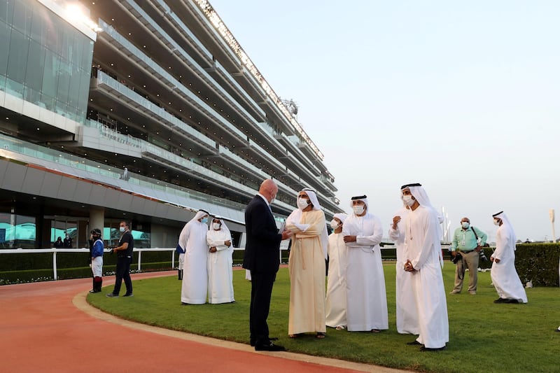Dubai, United Arab Emirates - Reporter: Amith Passela. Sport. Horse Racing. Sheikh Mohammed bin Rashid attends Super Saturday at Meydan. Dubai. Saturday, March 6th, 2021. Chris Whiteoak / The National
