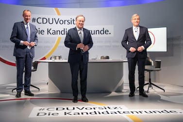 Germany's Christian Democratic Union (CDU) party, choses Armin Laschet (C) over Norbert Roettgen (L) and Friedrich Merz (R) as its next leader.  EPA/Andreas Gora / POOL