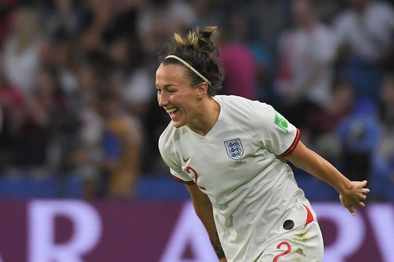 England's defender Lucy Bronze celebrates after scoring a goal during the France 2019 Women's World Cup quarter-final football match between Norway and England, on June 27, 2019, at the Oceane stadium in Le Havre, north western France. / AFP / LOIC VENANCE
