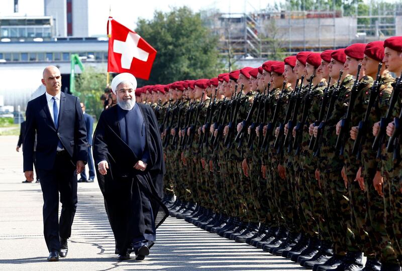 Iranian President Hassan Rouhani is welcomed by Swiss President Alain Berset upon his arrival for an official visit to Switzerland at the airport in Zurich, Switzerland, July 2, 2018. REUTERS/Arnd Wiegmann