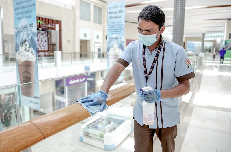 Abu Dhabi, United Arab Emirates, April 30, 2020.  Abu Dhabi officials on Wednesday said they were considering reopening malls soon, as they began a consultation with traders.  Yas Mall  sterilisation preparations before reopening.
Victor Besa / The National
Section:  NA
For:  Standalone/Stock Images