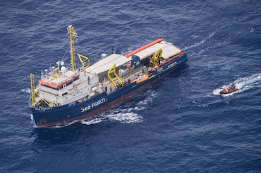 An aerial view of the Sea-Watch 3 vessel during a rescue operation at sea in the Mediterranean, 12 June 2019. Sea-Watch