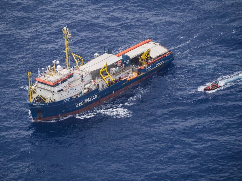 epa07676745 A handout photo made available by Sea-Watch on 27 June 2019 shows an aerial view of the Sea-Watch 3 vessel during a rescue operation at sea in the Mediterranean, 12 June 2019. Migrant rescue ship Sea-Watch 3, despite the threat of a fine by the Italian government, decided on 26 June 2019 to enter Italian territorial waters near the island of Lampedusa with dozens of migrants on board waiting to disembark.  EPA/SEA-WATCH HANDOUT  HANDOUT EDITORIAL USE ONLY/NO SALES