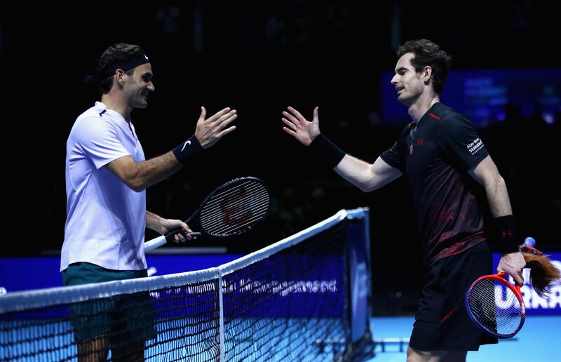 GLASGOW, SCOTLAND - NOVEMBER 07:  Andy Murray congratulates winner, Roger Federer on victory following their match during Andy Murray Live at The Hydro on November 7, 2017 in Glasgow, Scotland.  (Photo by Clive Brunskill/Getty Images for Andy Murray Live)