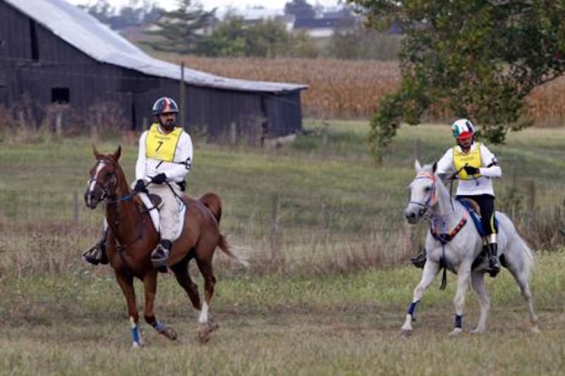 Members of the United Arab Emirates team Sheikh Mohammed bin Rashid al Makhtoum (7) riding Ciel Oriental and Sheikh Majid bin Mohammed al Makhtoum riding Kangoo D'Aurabelle compete in the endurance championship at the World Equestrian Games in Lexington, Kentucky September 26, 2010. The endurance competition is a 100 mile race that starts at 7:30 am Sunday morning and won't end for some competitors until after dark.   REUTERS/Caren Firouz  (UNITED STATES - Tags: SPORT EQUESTRIANISM ANIMALS)