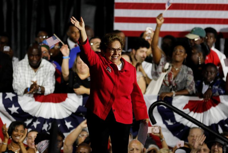Candidate for Congress, Donna Shalala, waves as she walks onstage during a campaign rally which included Former U.S. President Barack Obama as he campaigned for Democrats including U.S. Senator Bill Nelson and and Gubernatorial candidate Andrew Gillum in Miami, Florida, U.S. November 2, 2018.  REUTERS/Joe Skipper