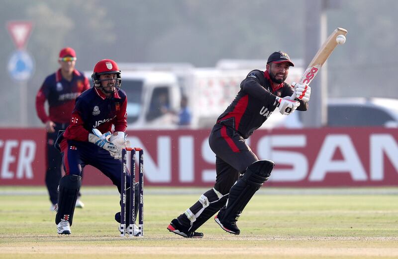 ABU DHABI , UNITED ARAB EMIRATES , October 22  – 2019 :- Rohan Mustafa  of UAE playing a shot  during the World Cup T20 Qualifiers between UAE vs Jersey held at Tolerance Oval cricket ground in Abu Dhabi.  ( Pawan Singh / The National )  For Sports. Story by Paul