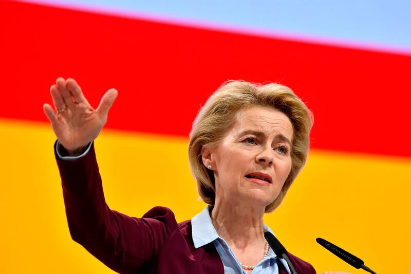 (FILES) In this file photo taken on December 08, 2018 German Defence Minister Ursula von der Leyen gives a speech during the Germany's conservative Christian Democratic Union (CDU) party's congress at a fair hall in Hamburg, northern Germany. EU leaders struck a deal on July 2, 2019 on the bloc's top jobs with German Defence Minister Ursula von der Leyen getting the powerful European Commission chief, Luxembourg Prime Minister Xavier Bettel said. / AFP / John MACDOUGALL
