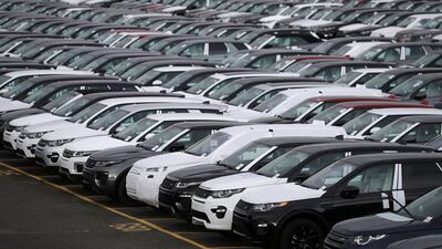 New Land Rover cars in a parking lot at the JLR plant at Halewood near Liverpool. Reuters