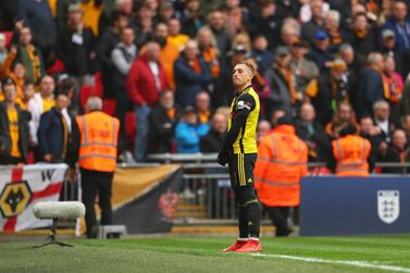 LONDON, ENGLAND - APRIL 07: Gerard Deulofeu of Watford celebrates as he scores their third goal during the FA Cup Semi Final match between Watford and Wolverhampton Wanderers at Wembley Stadium on April 07, 2019 in London, England. (Photo by Catherine Ivill/Getty Images)