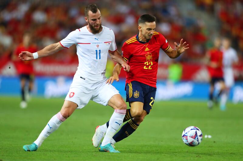Pablo Sarabia of Spain is challenged by Vaclav Jurecka of Czech Republic during the Uefa Nations League, League A Group 2 match at La Rosaleda Stadium on June 12, 2022 in Malaga, Spain. Spain won the match 2-0. Getty Images