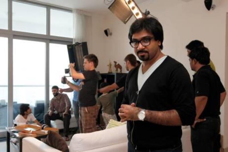 Dubai, 24th September 2010.  Fahad Shaikh one of the 25 film directors across the globe with actors and crew prepares for the film shoot for the movie The Lost Backpack, held at DEC Towers.  (Jeffrey E Biteng / The National)