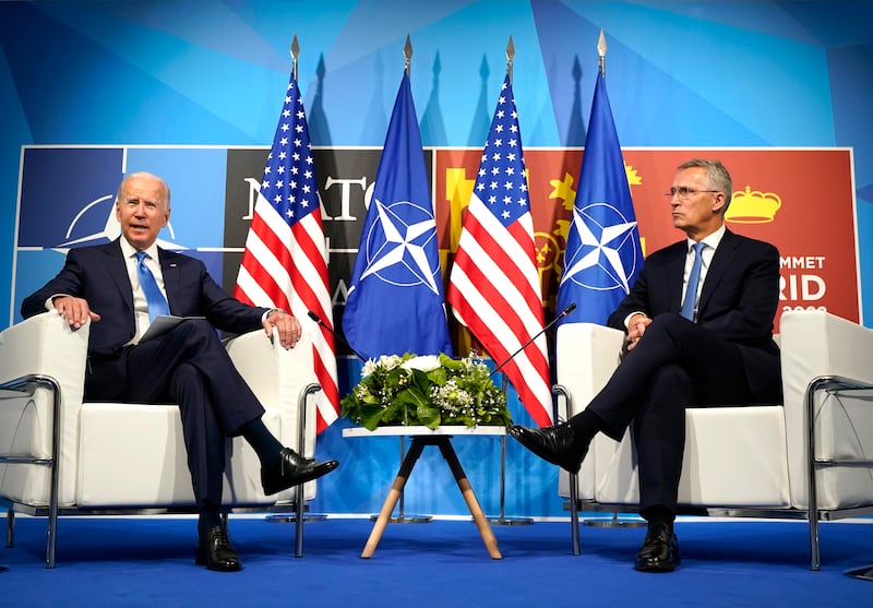 US President Joe Biden, left, and Nato Secretary General Jens Stoltenberg. AP