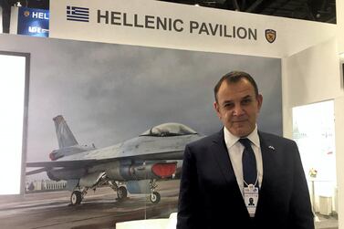 Greece's Defence Minister Nikolaos Panagiotopoulos at Idex 2021. Ahmed Maher/The National