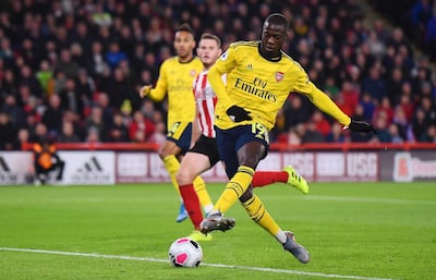 SHEFFIELD, ENGLAND - OCTOBER 21:   Nicolas Pepe of Arsenal shoots wide during the Premier League match between Sheffield United and Arsenal FC at Bramall Lane on October 21, 2019 in Sheffield, United Kingdom. (Photo by Laurence Griffiths/Getty Images)