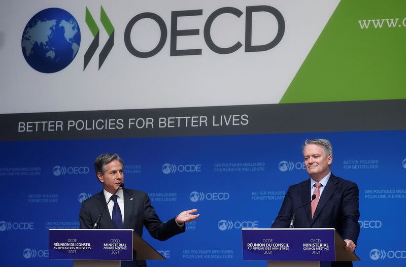 US Secretary of State Antony Blinken speaks during a press briefing with Mathias Cormann, Secretary General of the Organisation for Economic Co-operation and Development. Photo: AP