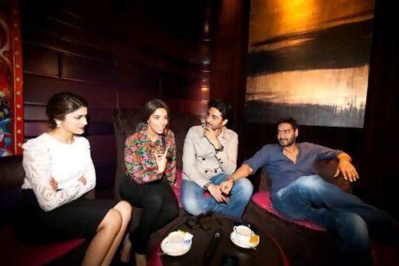 Dubai, June 30, 2012 -- (L to R) Prachi Desai, Asin Thottumkal, Abhishek Bachchan and Ajay Devgn, stars Bollywood movie Bol Bachchan appear at a press conference at Grand Hyatt in Dubai, June 30 2012. (Photo by: Sarah Dea/The National)