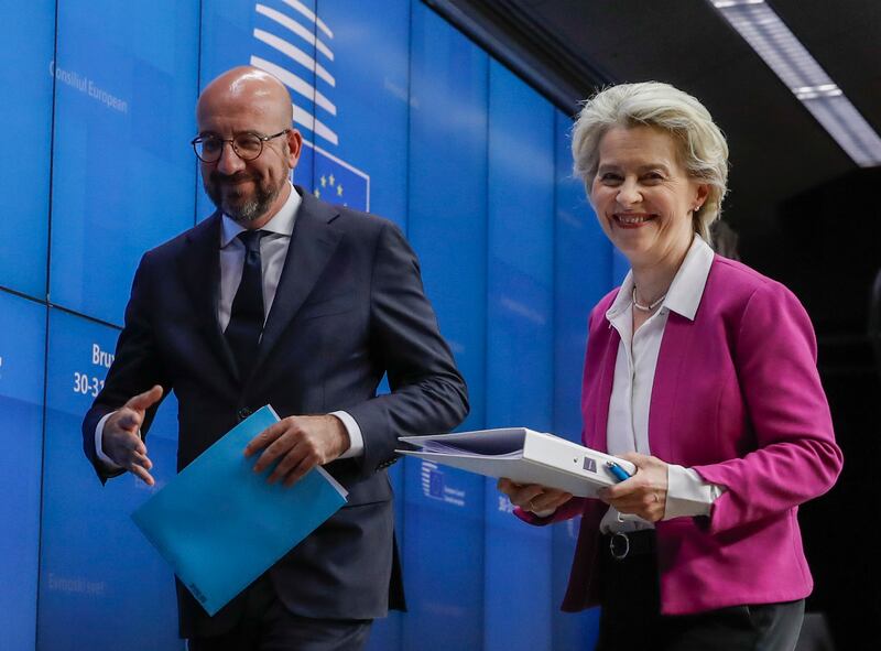 European Council President Charles Michel and President of the Commission Ursula von der Leyen at the end of first day of the Special Summit on Ukraine in Brussels on Tuesday. EPA