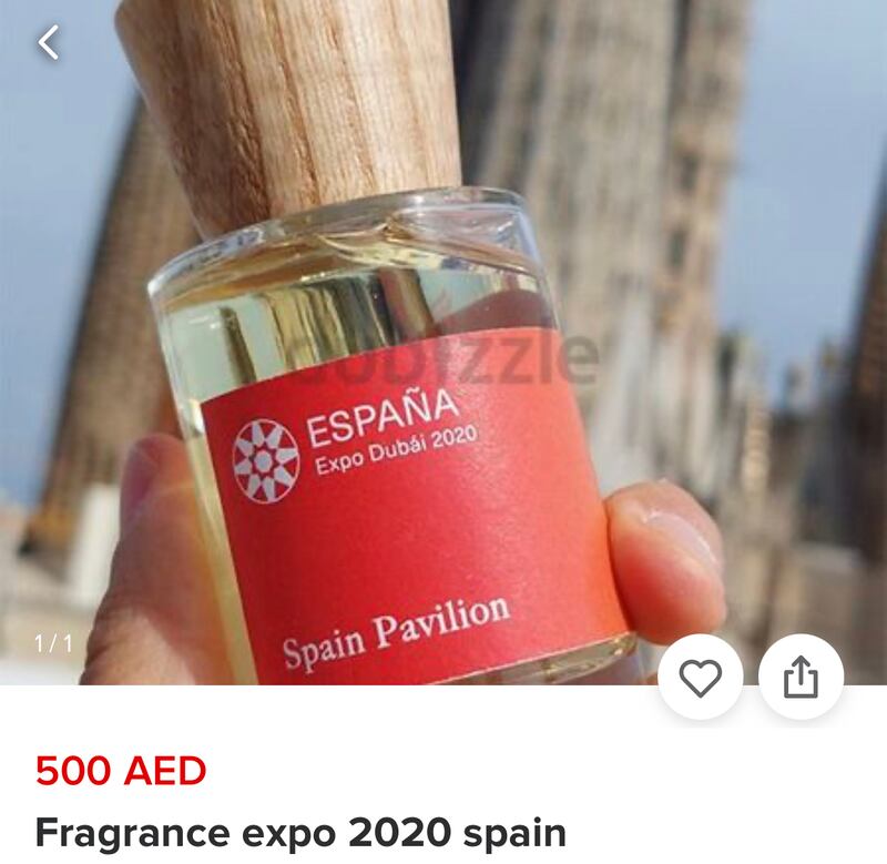 A perfume from Spain's pavilion being sold on Dubizzle for Dh500.