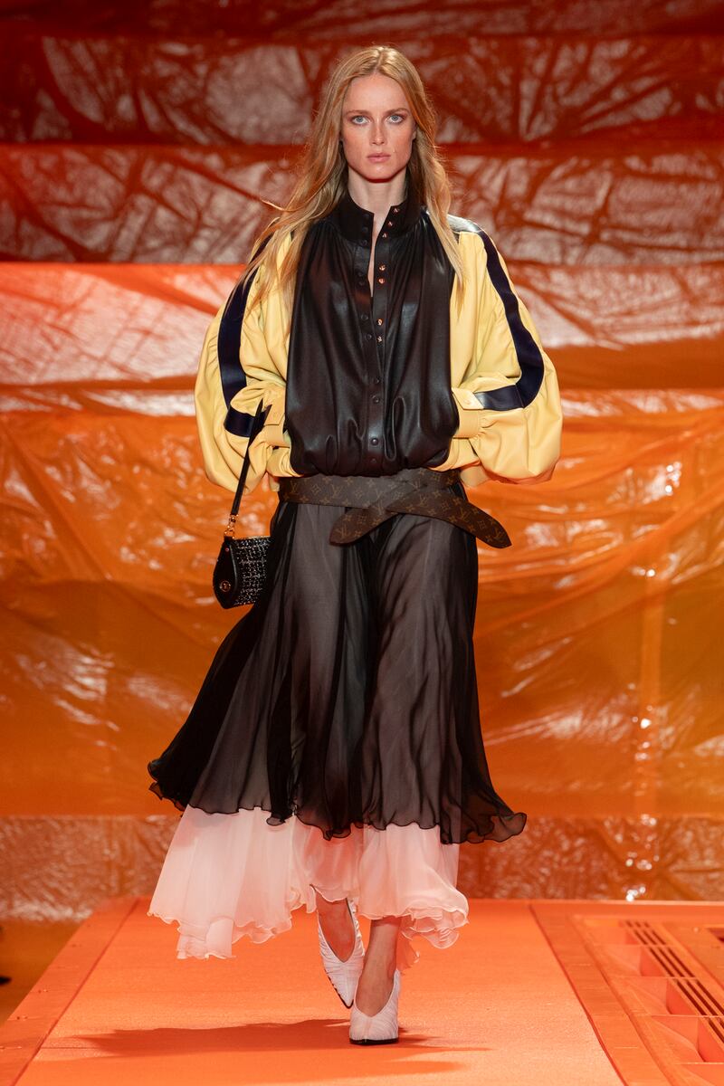 A floaty skirt and a bomber jacket at Louis Vuitton for spring/summer 2024. Photo: Louis Vuitton