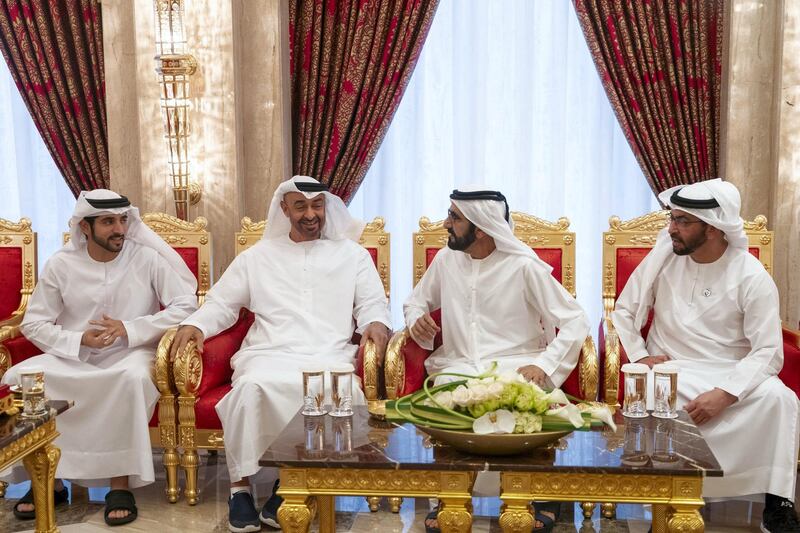 DUBAI, UNITED ARAB EMIRATES - May 19, 2019: HH Sheikh Mohamed bin Zayed Al Nahyan, Crown Prince of Abu Dhabi and Deputy Supreme Commander of the UAE Armed Forces (2nd L), attends an iftar reception hosted by HH Sheikh Mohamed bin Rashid Al Maktoum, Vice-President, Prime Minister of the UAE, Ruler of Dubai and Minister of Defence (3rd L), at Zabeel Palace. Seen with HH Sheikh Hamdan bin Mohamed Al Maktoum, Crown Prince of Dubai (L) and HH Sheikh Hamdan bin Zayed Al Nahyan, Ruler’s Representative in Al Dhafra Region (R).

( Mohamed Al Hammadi / Ministry of Presidential Affairs )
---