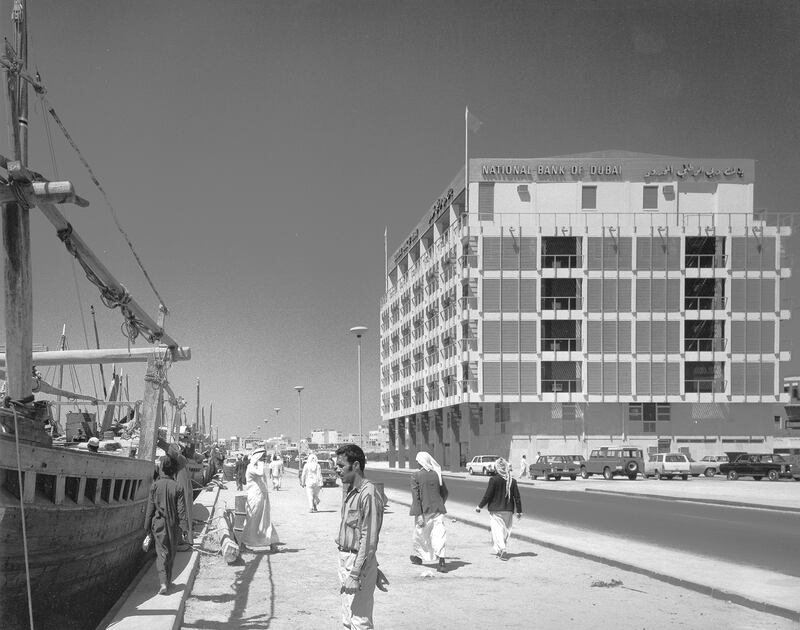 The National Bank of Dubai headquarters in Deira, early 1970s. Courtesy John R. Harris Library and Henk Snoek / RIBA Collections.
