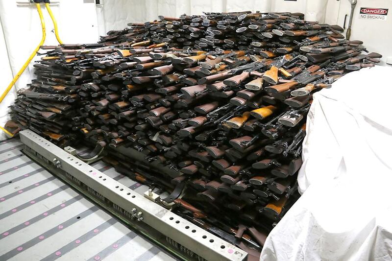 A cache of weapons is displayed by the US Navy after it was seized from a dhow on March 28 in the Arabian Sea. The weapons came from Iran and were likely bound for Houthi insurgents in Yemen. AFP PHOTO / US NAVY