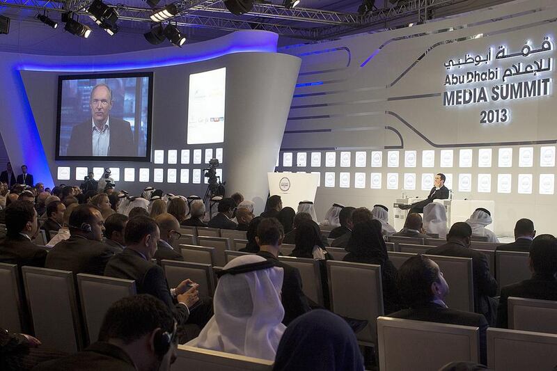 Sir Tim Berners-Lee speaks via a satellite connection during the opening session of the Abu Dhabi Media Summit yesterday. Christopher Pike / The National