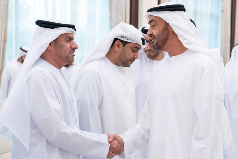 ABU DHABI, UNITED ARAB EMIRATES - May 28, 2019: HH Sheikh Mohamed bin Zayed Al Nahyan, Crown Prince of Abu Dhabi and Deputy Supreme Commander of the UAE Armed Forces (R), greets a member of the Ministry of Presidential Affairs, during an iftar reception, at Al Bateen Palace.

( Eissa Al Hammadi for the Ministry of Presidential Affairs )
---