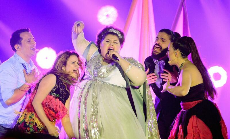 10th place: Bojana Stamenov, centre, representing Serbia performs during the Grand Final of the 60th annual Eurovision Song Contest. Julian Stratenschulte / EPA