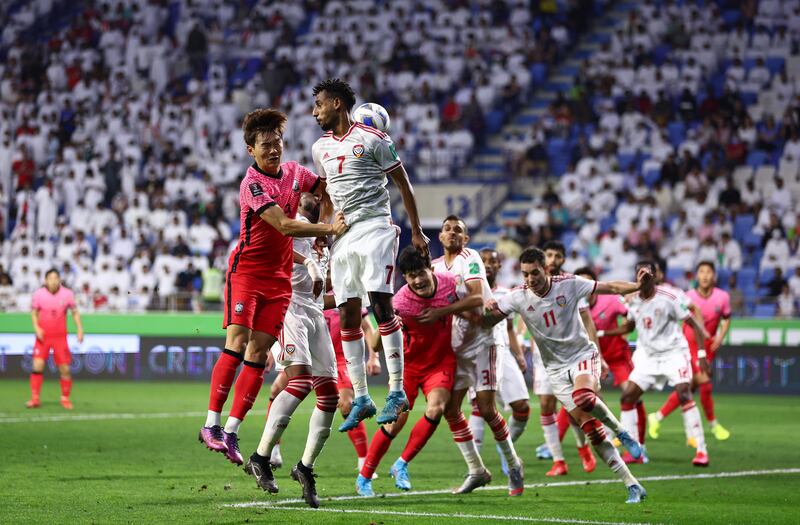 UAE match-winner Harib Abdallah and South Korea's Nam Tae-Hee challenge for a header. Getty