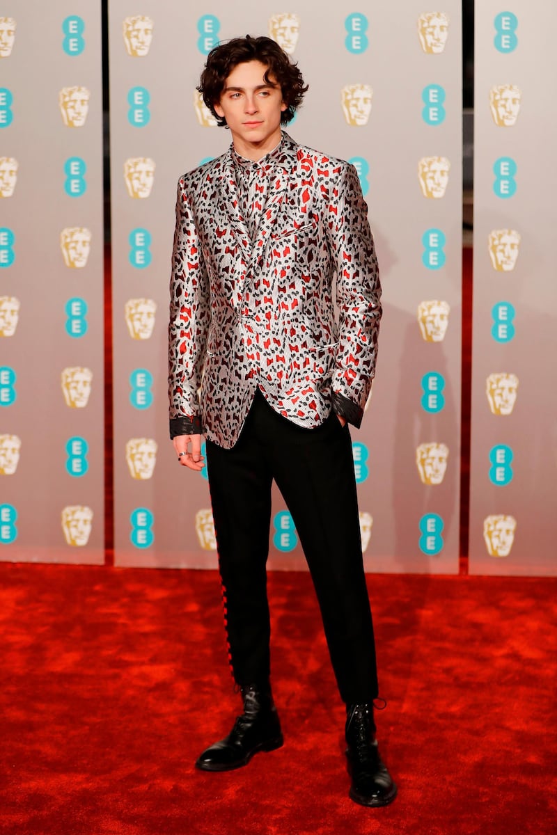 Timothee Chalamet wearing Haider Ackermann at the 2019 Bafta Awards ceremony at the Royal Albert Hall in London, on February 10, 2019. AFP