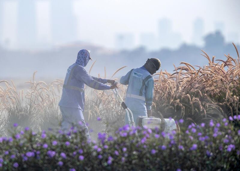 Workers at Al Hudayriat Island during a hazy morning on May 19, 2021. Victor Besa / The National.
For: Stand Alone / Weather