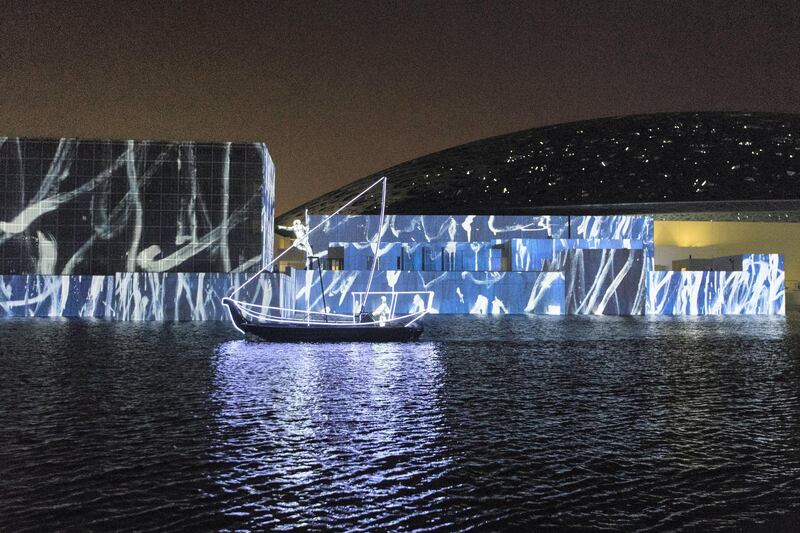 Abu Dhabi, United Arab Emirates, November 11, 2017:    Museum Reflections by Groups F light show during the opening day at the Louvre Abu Dhabi on Saadiyat Island in Abu Dhabi on November 11, 2017. Christopher Pike / The National

Reporter: James Langton, John Dennehy
Section: News