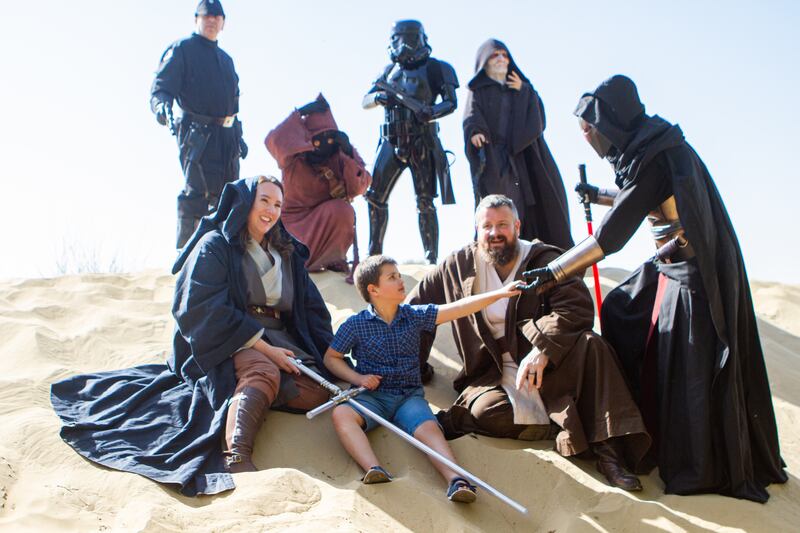 Sam with members of the UAE Garrison of the 501st Legion, Niima Outpost of Rebel Legion, and Rub Al-Kahli Spire of The Dark Empire of Star Wars enthusiasts. They troop, or turn out in costumes, to support charities or other good causes. 