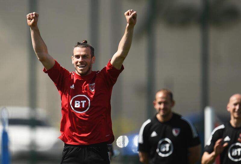 Wales' Gareth Bale celebrates during training. Getty