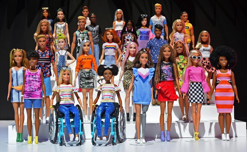 IMAGE DISTRIBUTED FOR MATTEL - Shown at the New York Toy Fair, Friday, Feb. 15, 2019, the Barbie Fashionistas line continues to be the most diverse and inclusive fashion doll line on the market. The 2019 collection features a doll in a wheelchair, prosthetic limb, new body type and hair texture. (Diane Bondareff/AP Images for Mattel)