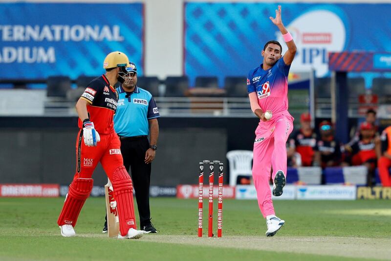 Kartik Tyagi of Rajasthan Royals bowling during match 33 of season 13 of the Dream 11 Indian Premier League (IPL) between the Rajasthan Royals and the Royal Challengers Bangalore held at the Dubai International Cricket Stadium, Dubai in the United Arab Emirates on the 17th October 2020.  Photo by: Saikat Das  / Sportzpics for BCCI